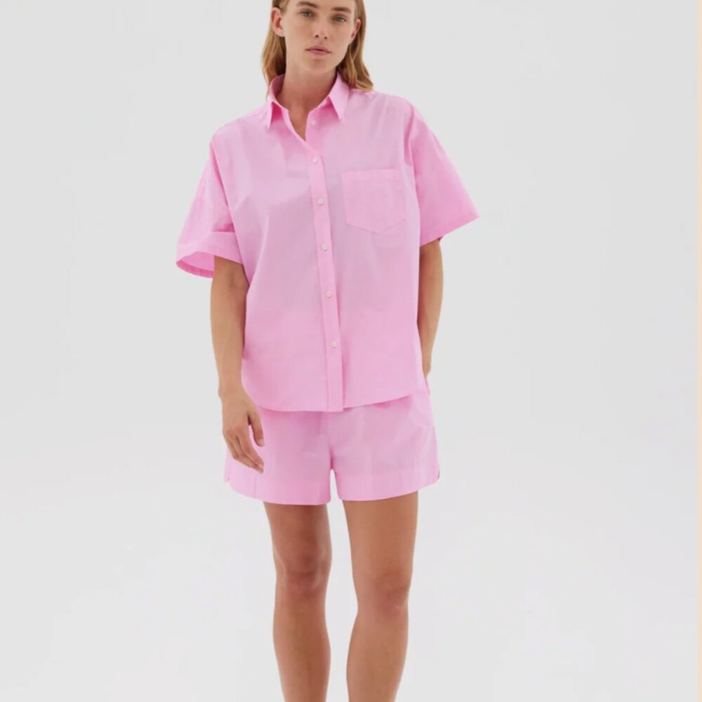 LMND Hot Pink Button Up 100% Cotton Short Sleeve Medium